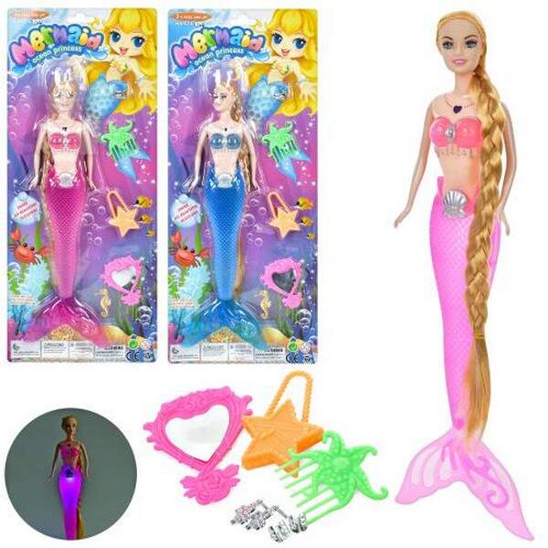 Лялька 575-122-24 (120шт) русалка, 33см, довге волосся, світло, гребінець, сумка, мікс кольорів, бат (шт.)