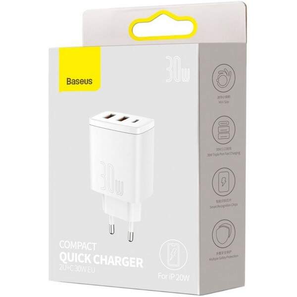 МЗП Baseus Compact Quick Charger 2U+C 30 W EU Білий (CCXJ-E02) (шт.)