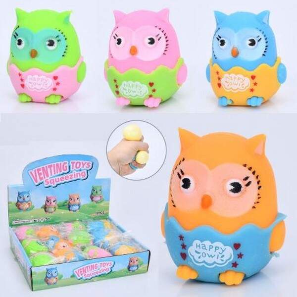 Іграшка MS 4141 (144шт) антистрес, сова, 7см, борошно, пакет, 4 кольори, 12шт в дисплеї, 25-21-5,5см (шт.)