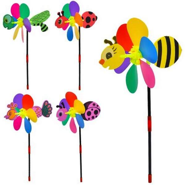 Вітрячок MR 1356 (150шт) квітка, діам.19см, палички 32см, пластик+EVA, 5 видів (комахи, павич), у па (шт.)