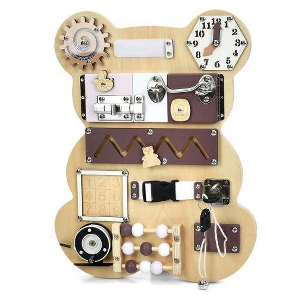Дерев'яна іграшка Бізіборд MD 1528 (4шт) ведмідь, 39-30-4см, годинник, засуви, застібки, рахунки, за (шт.)