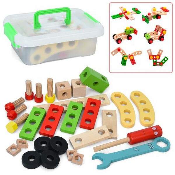 Дерев'яна іграшка Конструктор MD 1977 (24шт) на шурупах, транспорт, інструменти, ящик(пластик), 20-1 (шт.)