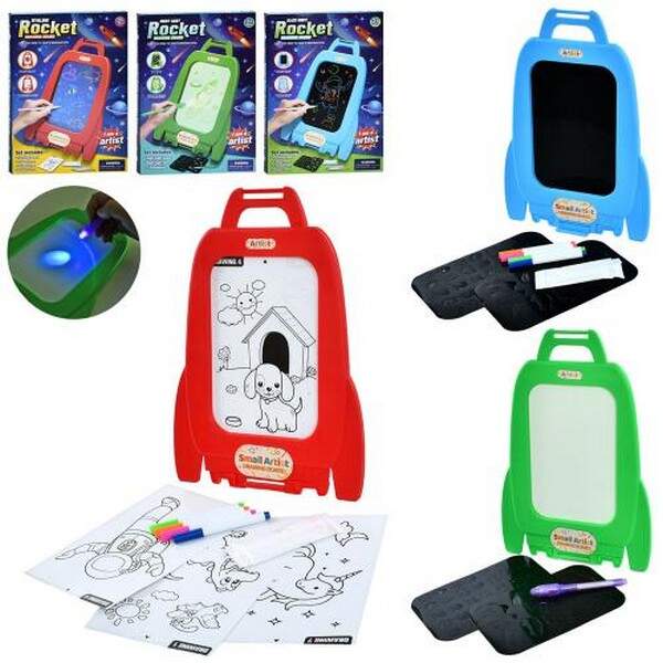 Досточка D1237-8-9 (60шт) для малювання, ракета 23-34см, маркери 4шт, трафарети, 3 кольори, на бат-ц (шт.)