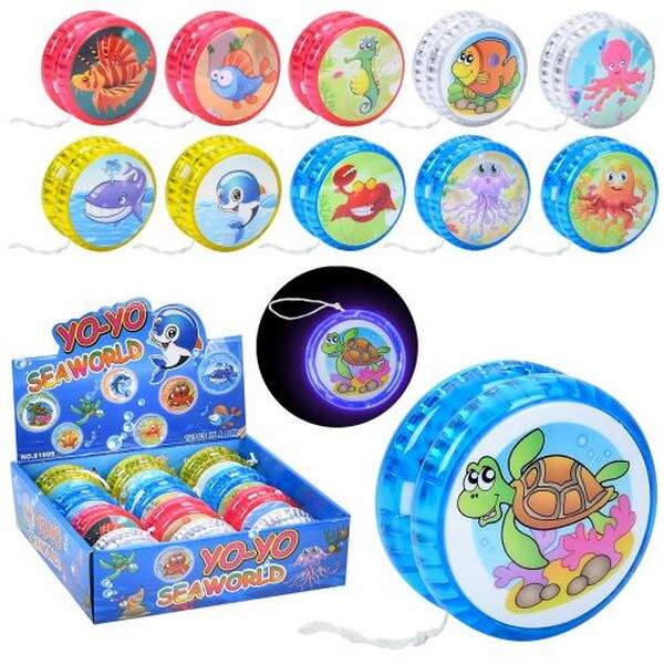 Йо-йо MR 1201 (192шт) 5,5см, світло, 4кольори/мікс видів(морські мешканці), бат(табл), 12шт в диспле (шт.)