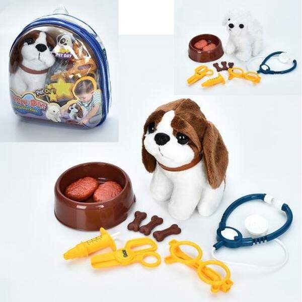 Тварина 908-1 (36шт) собака,19см, набір ветеринара( окуляри, ножиці, стетоскоп), тарілка+їжа, 2 види (шт.)