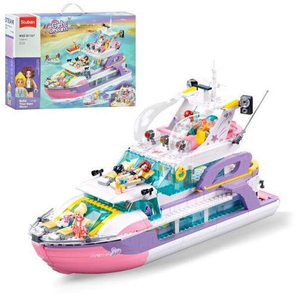Конструктор SLUBAN M38-B1167 (4шт) рожева серія, катер, 42,1см, фігурки, 1108дет, в кор-ці, 62-42,5- (шт.)