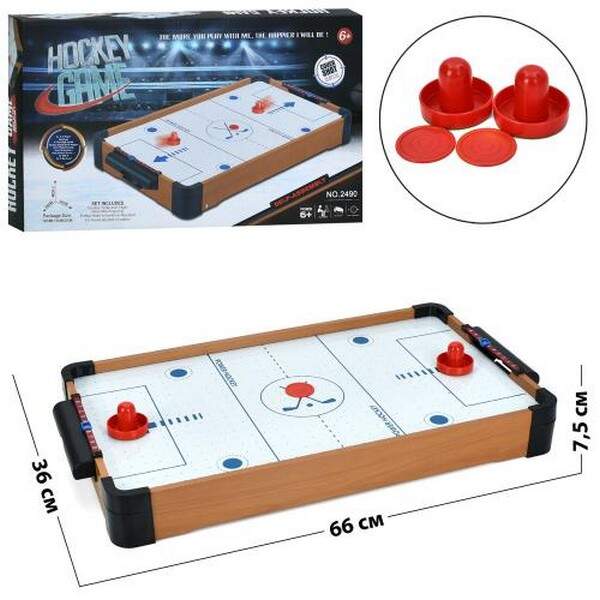 Настільна гра 2490 (9шт) аерохокей, дерев, 66-36-в7,5см, шкала ведення рахунку, на бат, в кор-ці, 60 (шт.)