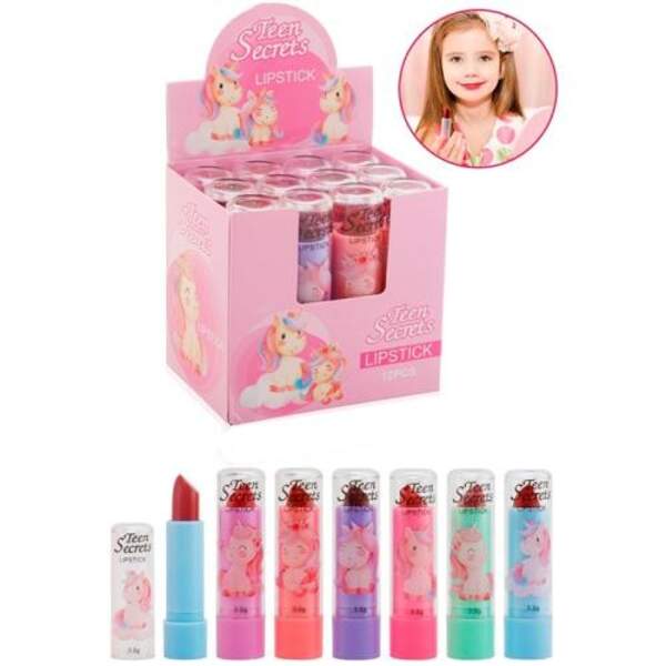 Косметика LK3377 (72шт) помада, принт єдиноріг, 12шт (6кольорів) в дисплеї, 8-7,5-6см (шт)