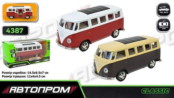 Машина мет. АВТОПРОМ арт. 4387 (96шт/2) 2 кольори 1:38 Volkswagen T1,відкр.двері,короб. 14,5*6,5*7см (шт)