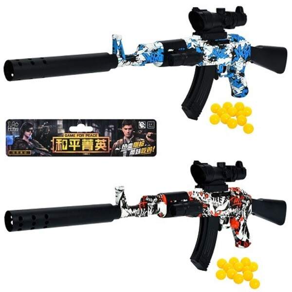 Автомат 2025-5A (24шт) 66см, пластикові кулі, прицел, лазер, 2 кольори, на бат(табл), у пакеті, 19-4 (шт)