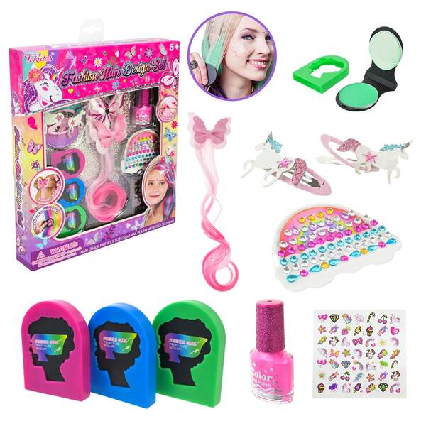 Косметика арт. T254 (24шт/4)   крейда для волосся, кольорові пасма, резиночки, наліпки, аксес короб. (шт)