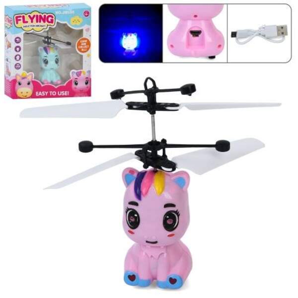 Конячка JM-588A (60шт) єдиноріг, літає, 13см, акум, світло, реагує на руку, USBзарядне, 2 кольори, в (шт)