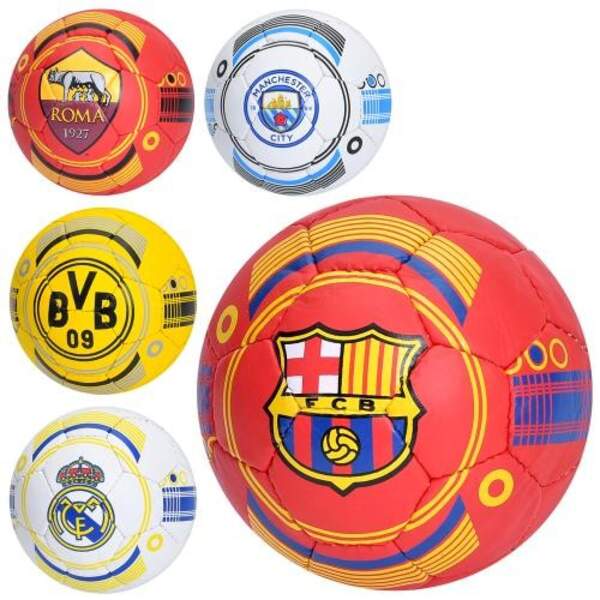 М'яч футбольний 2500-93-1 (40шт) розмір 2, ПУ, ручна робота, 110-130г, 5видів(клуби), у пакеті, (шт)
