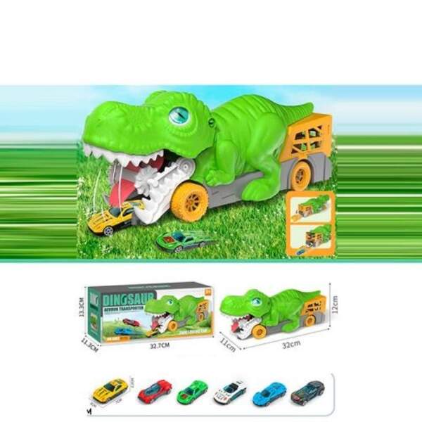 Трейлер 3301-1 (24шт) 33,5см, 2в1(трек), корпус динозавр,гумові колеса 2шт, машина (2шт, метал, 7см) (шт)