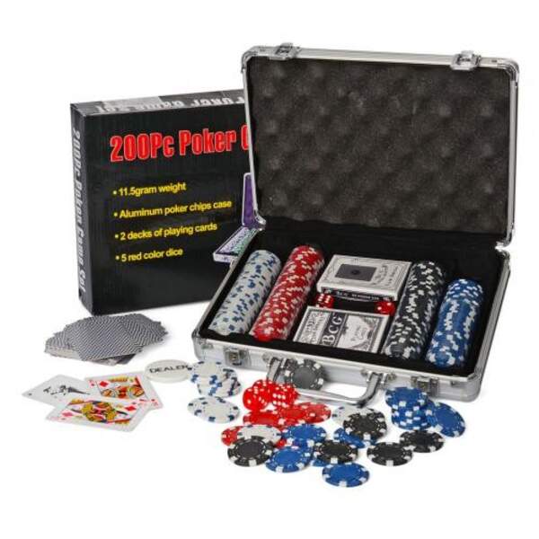 Настільна гра M 2777 (6шт) покер, 200 фішок, 2 колоди карт, кубики, алюм. чемодан, 30-24-8 см (шт)