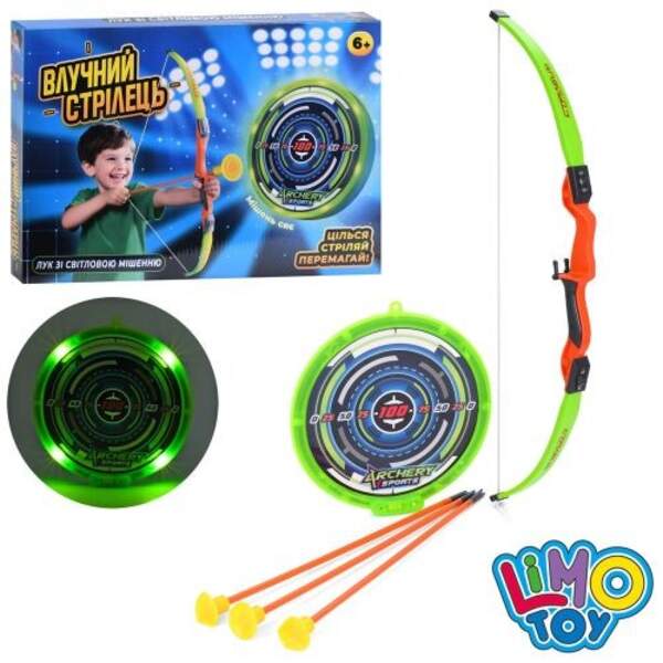 Лук MR 1562 (18шт) 56см, стріли-присоски 41см 3шт, мішень (23,5см, світло, бат(табл), в кор-ці, 37-2 (шт)