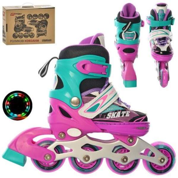 Ролики A 4123-XS-PGR (27-30) (1шт) розд, шнур + бакля, ал. рам, колПУ64мм, 1св, рожевий, комбо, в ко (шт)