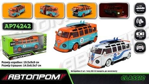Машина мет. АВТОПРОМ арт. AP74242 (24шт/2) 1:32 Volkswagen t1 bus, батар,світло,звук,2 кольори відкр (шт)