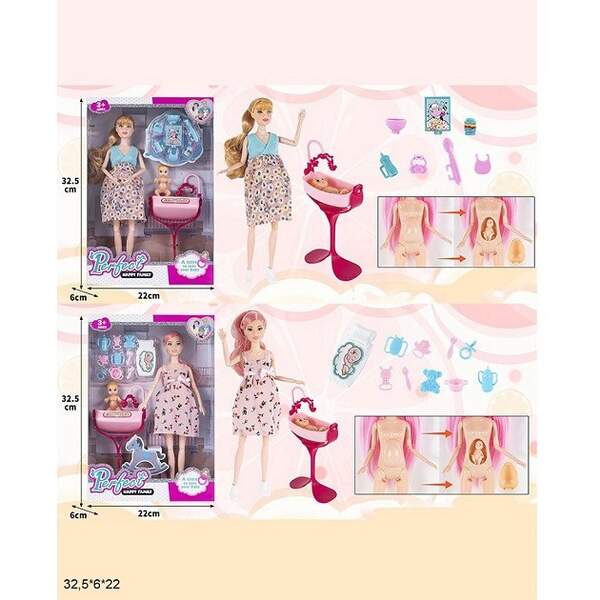 Лялька вагітна 29см 8082-6/11 з дитиною,ліжечком та аксес.2в.кор.32,5*6*22 /60/ (шт)