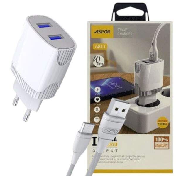 Пристрої побутові для заряджання акумуляторів мобільних телефонів Aspor A811 + кабель тайпсі білий (шт)