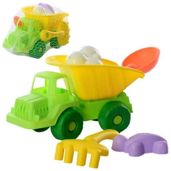 Набір для пісочниці HG-861 (48шт) машинка 25см, граблі, лопатка, формочки, м'який, в сітці, 25-14-14 (шт)
