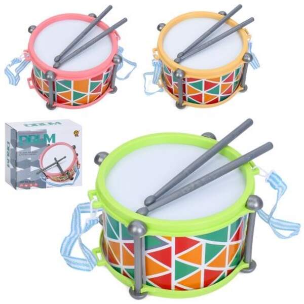 Барабан 2018T (36шт) 21,5-11см, 2 палички, ремінець, 3 кольори, в кор-ці, 20,5-19-11,5см (шт)