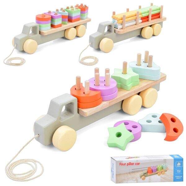 Дерев'яна іграшка Геометрика MD 0837 (16шт) трейлер, 29,5см, каталка(на шнурі), 3 види (1вид-палички (шт)