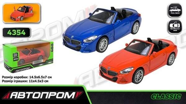 Машина мет. АВТОПРОМ арт. 4354 (96шт/2) 2 кольори 1:38 BMW Z4 M40i,відкр..двері, короб. 14,5*6,5*7см (шт)