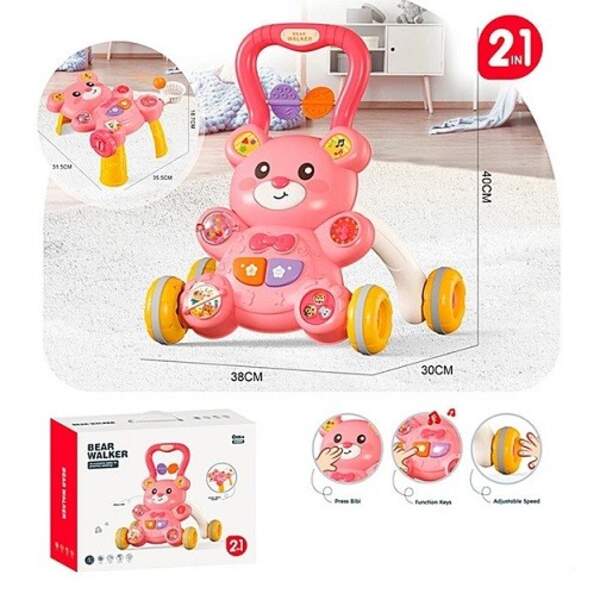 Каталка-ходунки 6085 (12шт) 40-30-в40см, 2в1(столик 35,5-31,5-в18,7см), ігрова панель-ведмідь, музик (шт)
