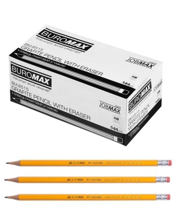Олівець графітовий HB, жовтий, з гумкою,  JOBMAX BM.8515 (144/4320) (шт)