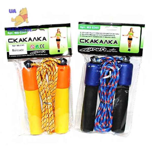 Скакалка MS 0345 (144шт) 280см, мотузка нейлон, лічильник, м'які ручки, 4 кольори, у кульку, 14-25см (шт.)