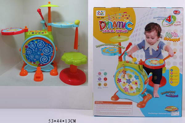 Барабанна установка 666 (6шт) стільчик, мікрофон, муз, св, зв, палички, на бат, кор, 43,5-56,5-12,5с (шт.)